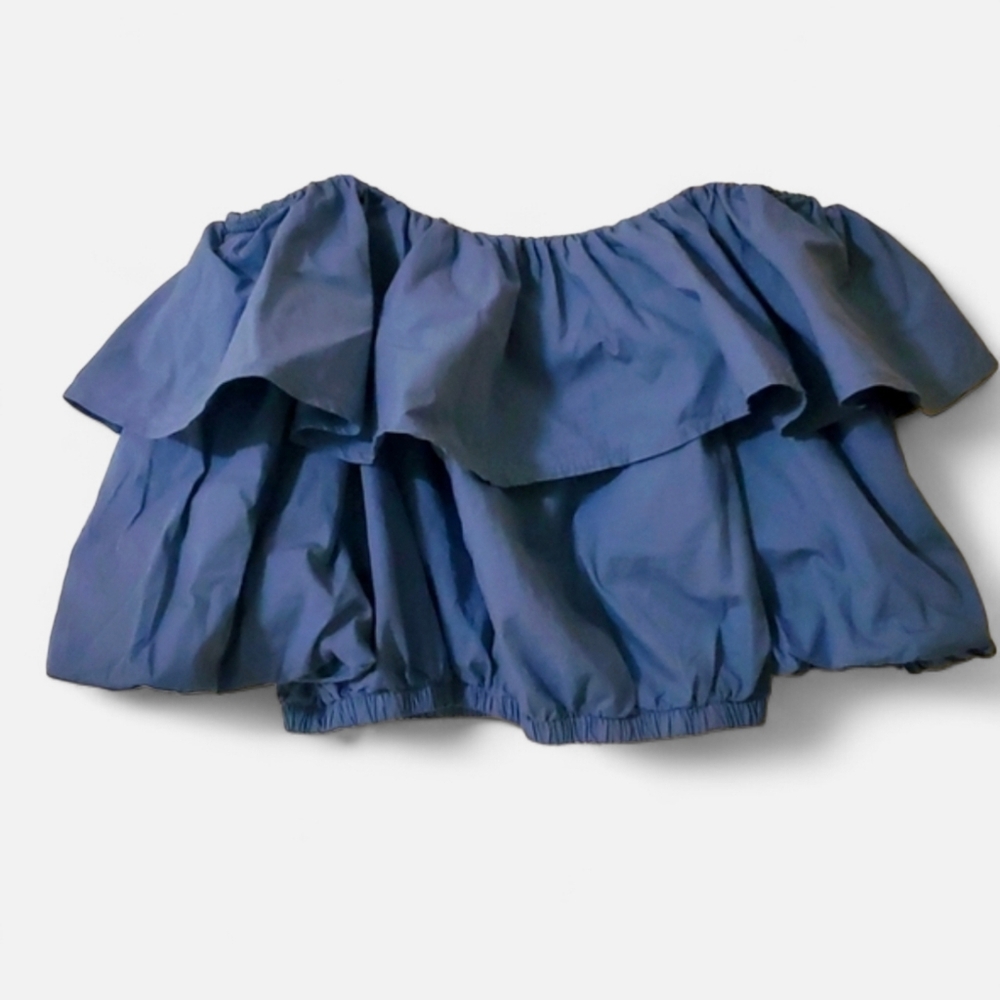 #018 Off-shoulder Denim Ruffle Top - Picture 2 of 8
